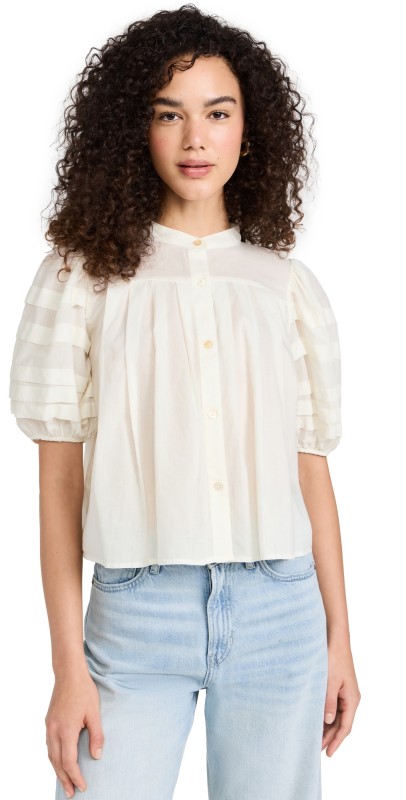 Sea Renata Solid Puff Sleeve Pintuck Top Cream