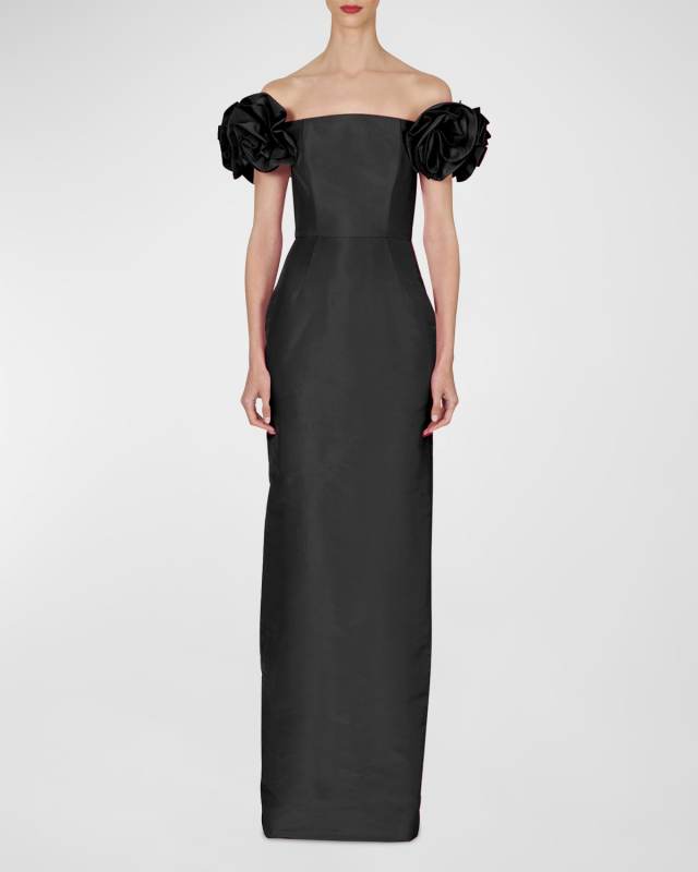 Off Shoulder Column Gown with Flower Detail
