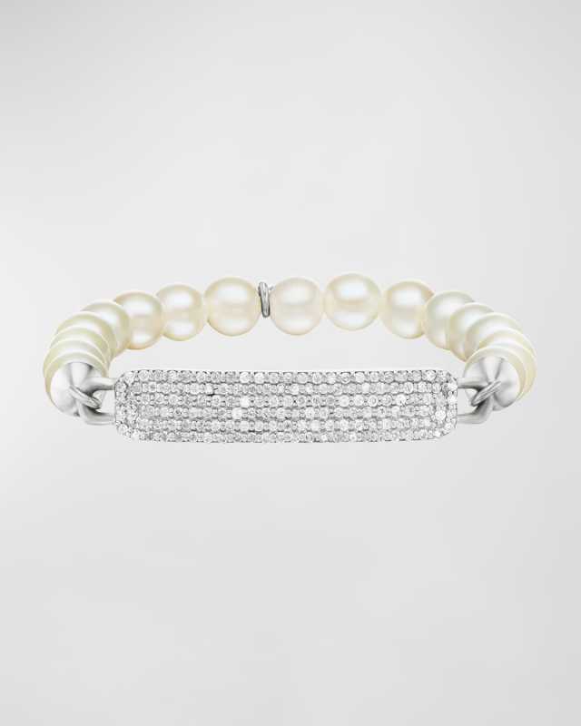 Pave Diamond Small ID Tag on 8mm Pearl Bead Bracelet
