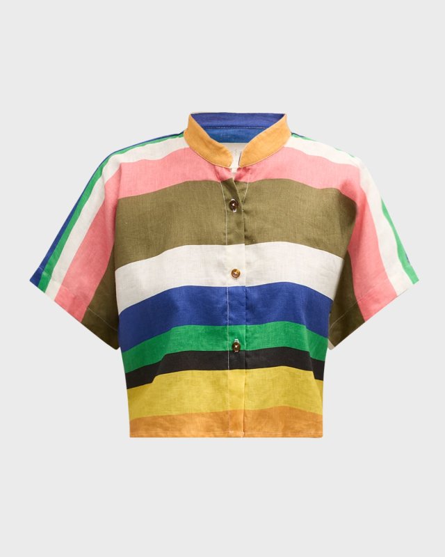 Gigi Linen Stripe Mandarin-Collar Top