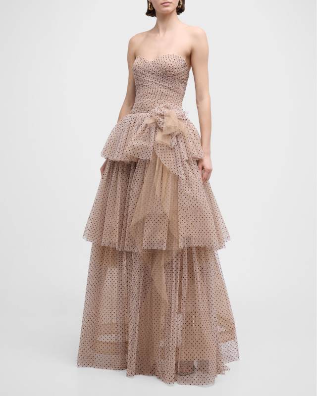 Estelle Polka-Dot Strapless Tiered Gown