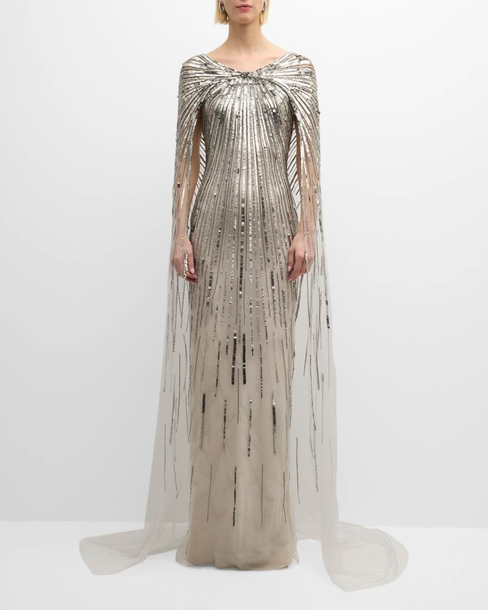 Silver Sequined Gown with Sheer Cape