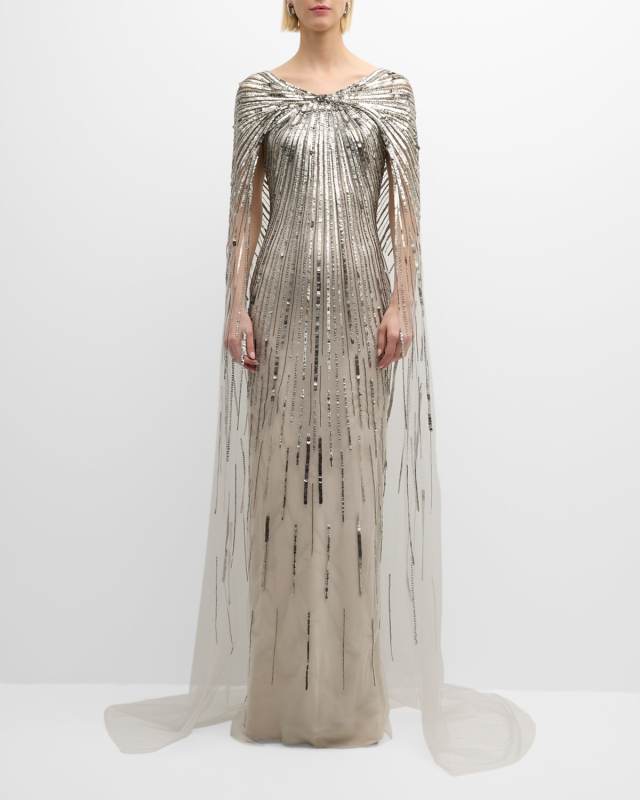 Silver Sequined Gown with Sheer Cape