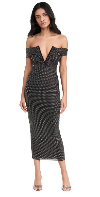 Self Portrait Printed Mesh Rhinestone Midi Dress Black