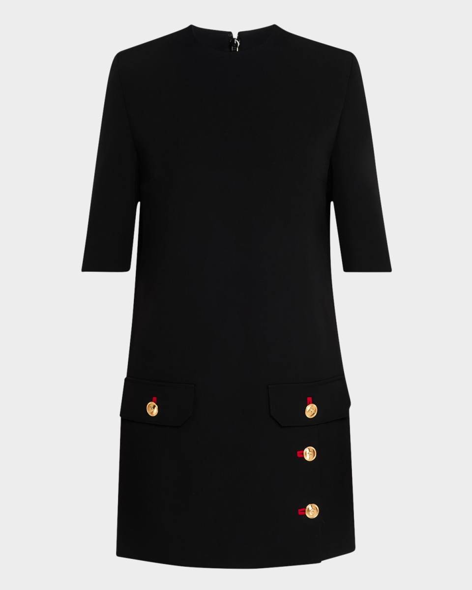 Button-Pockets Fluid Wool Gabardine Mini Dress