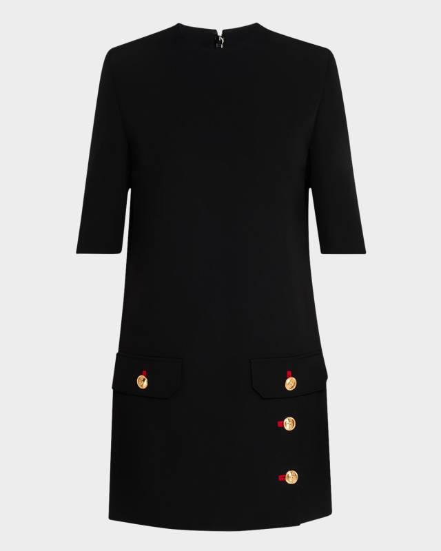 Button-Pockets Fluid Wool Gabardine Mini Dress