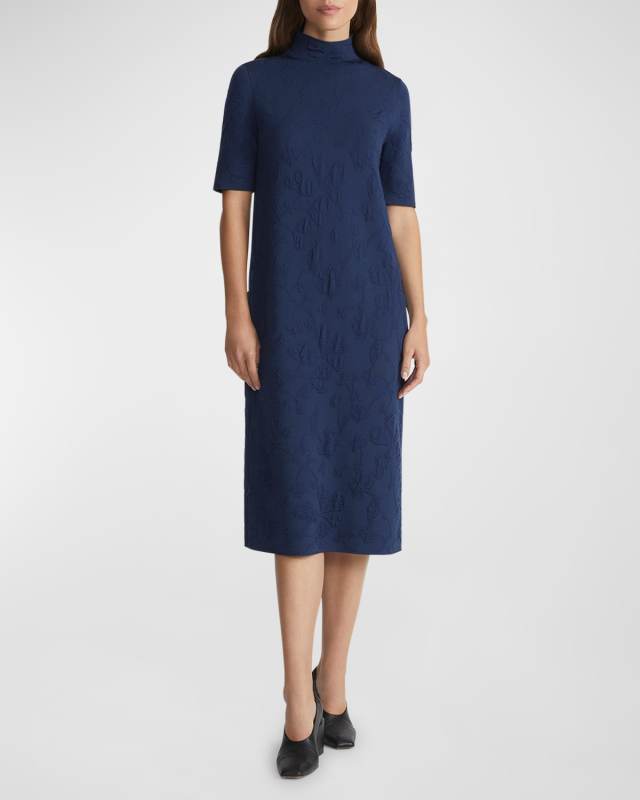 Mock-Neck Floral Jacquard Midi Sweater Dress