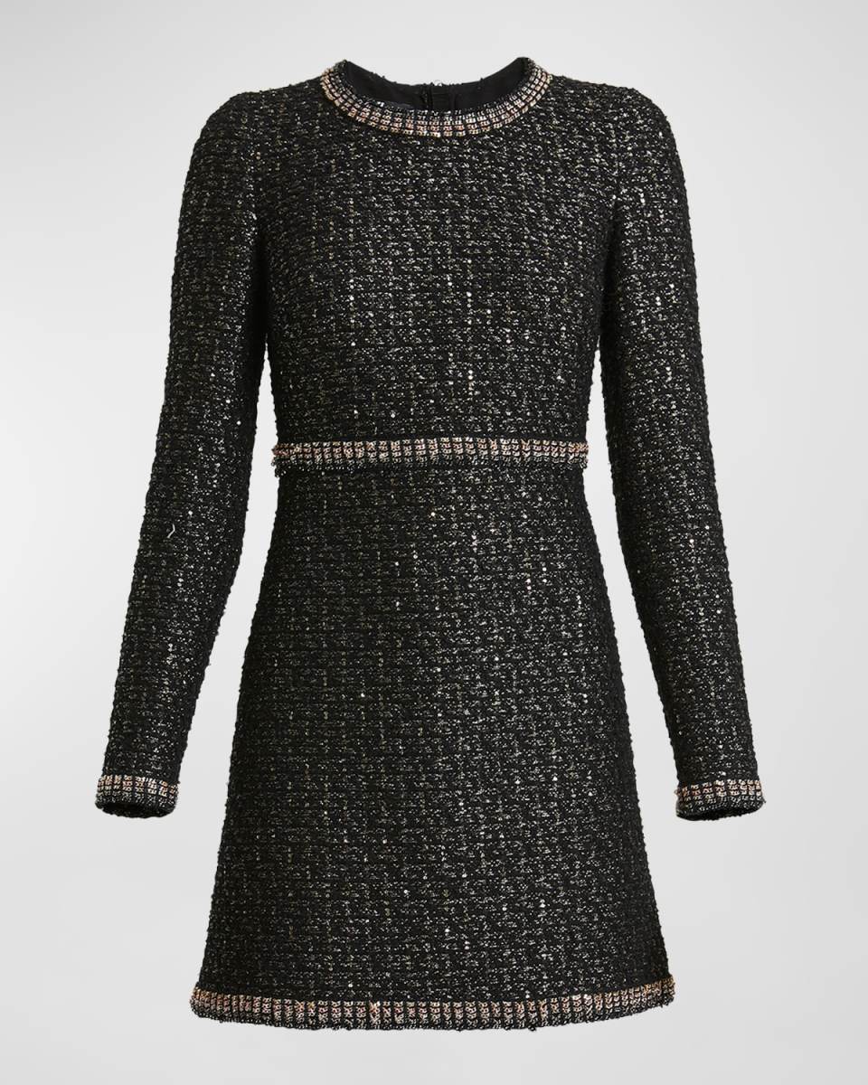 Metallic Paillette Tweed Long-Sleeve Mini Dress