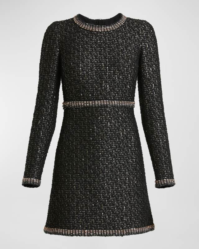 Metallic Paillette Tweed Long-Sleeve Mini Dress