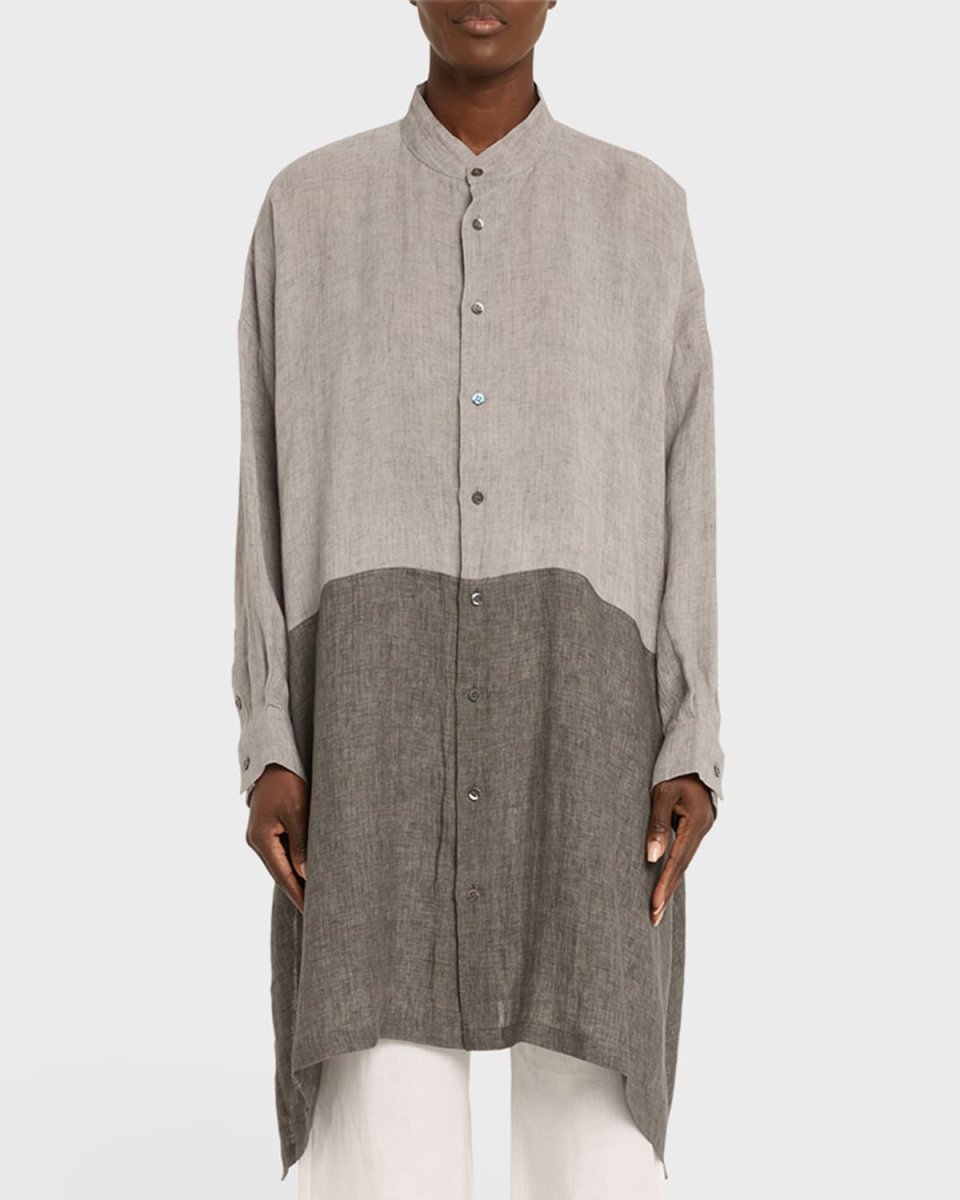 Bicolor Wide A-Line Collarless Shirt with Side Slit (Very Long Length)