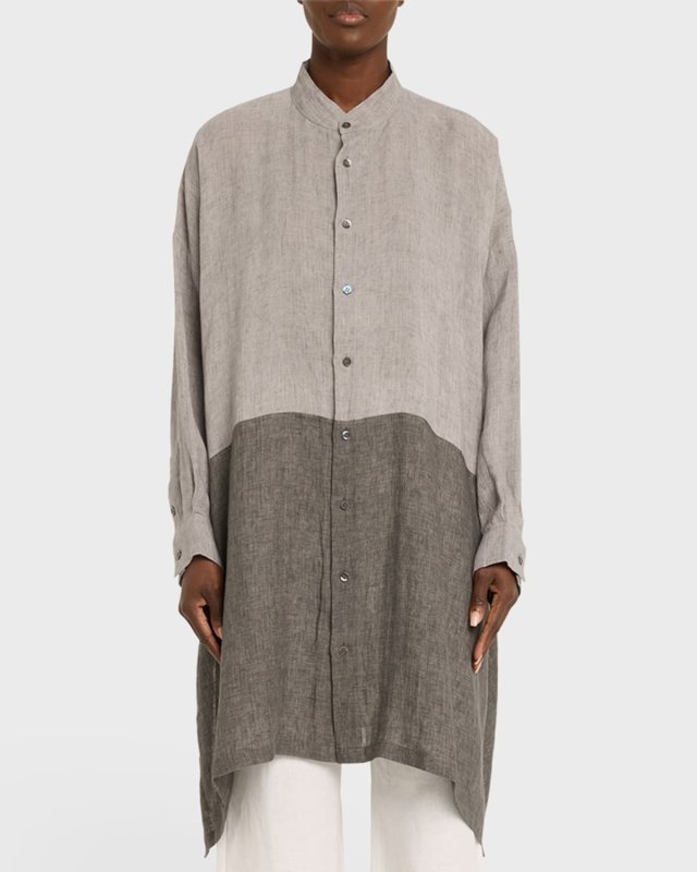 Bicolor Wide A-Line Collarless Shirt with Side Slit (Very Long Length)