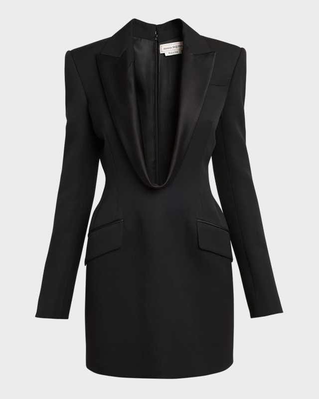 Plunging Strong-Shoulder Mini Evening Tuxedo Dress