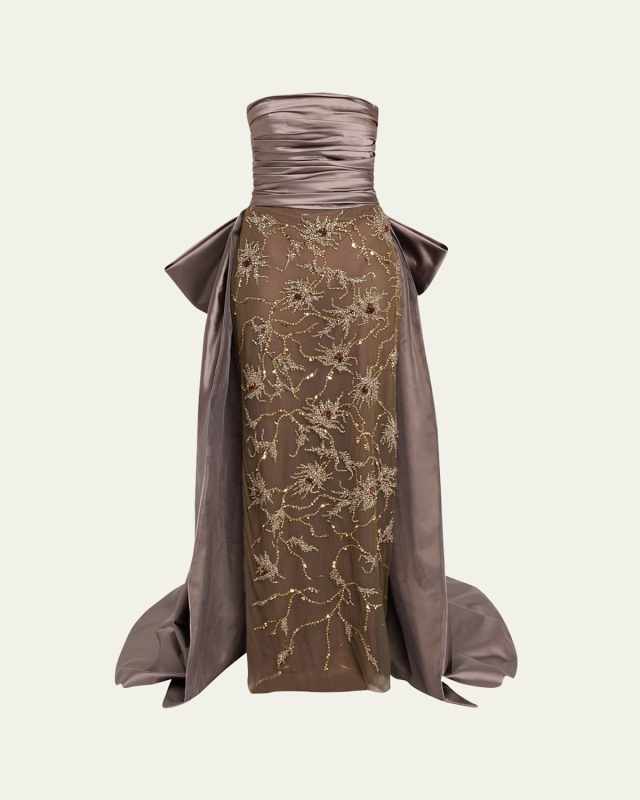 Babe Sequined Strapless Gathered Gown with Train