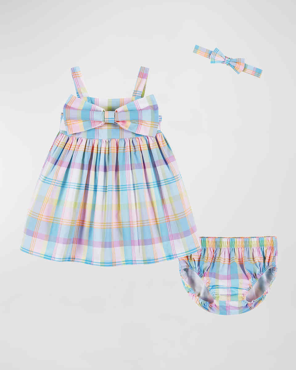 Girl's Baby Doll Plaid-Print Dress W/ Bow & Bloomers, Size Newborn-24