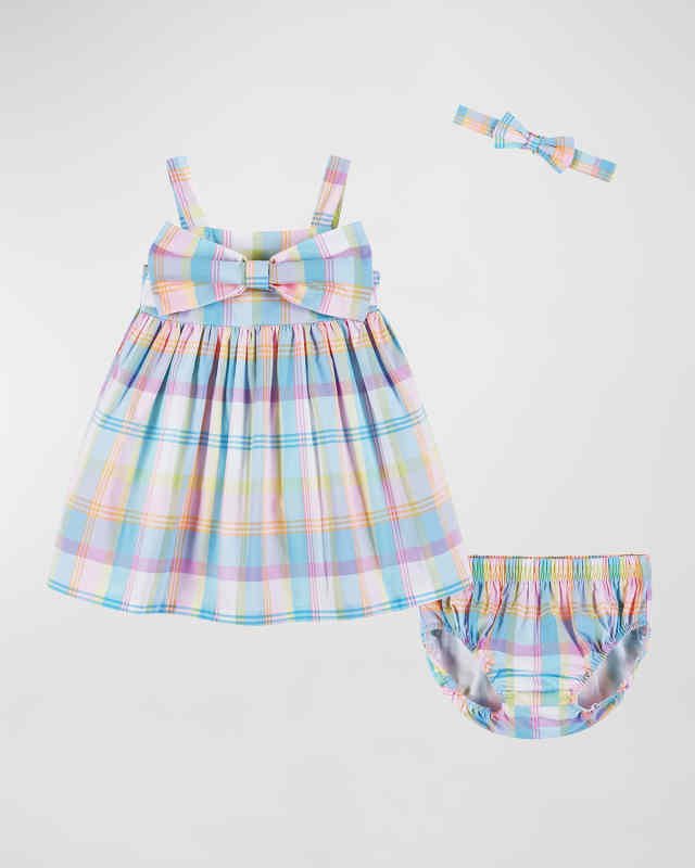 Girl's Baby Doll Plaid-Print Dress W/ Bow & Bloomers, Size Newborn-24