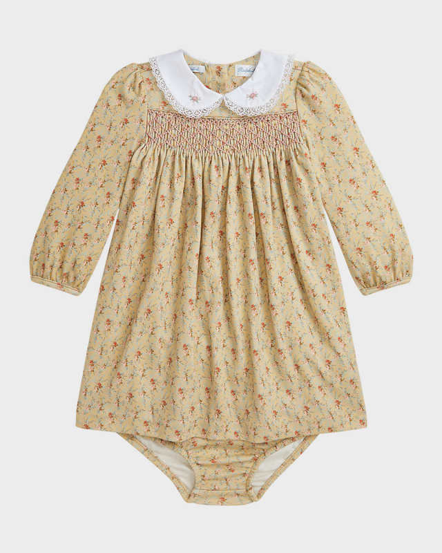 Girl's Micro-Floral Print Collared Dress W/ Bloomers, Size 3M-24