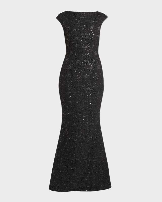 Black Iris Paillette Tweed Trumpet Gown