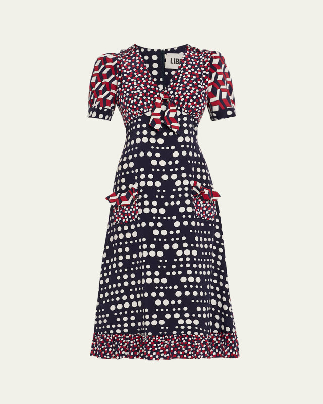 Red White and Blue Mash-Up Ruffle Midi Dress