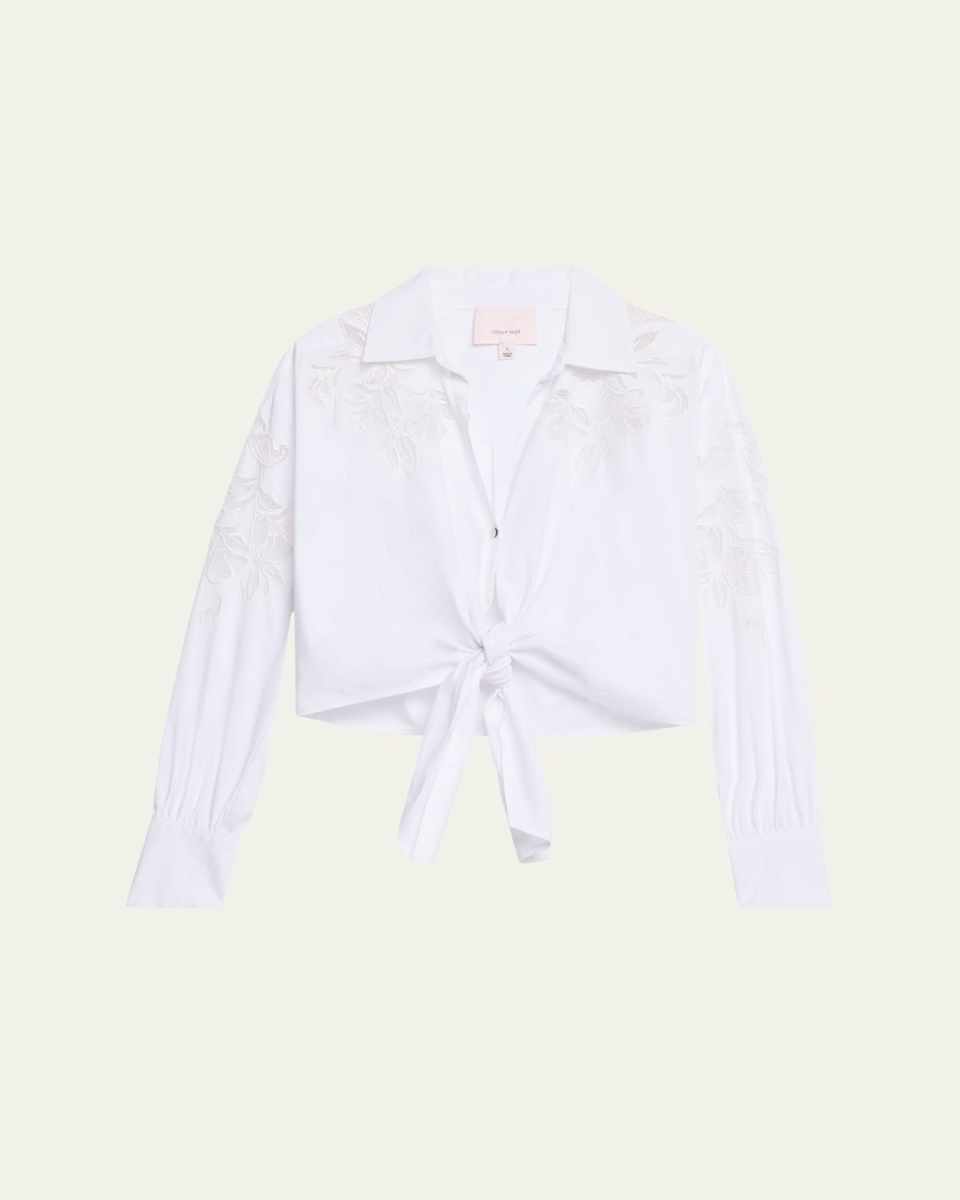 Marianna Cutout Embroidery Collared Tie-Front Top