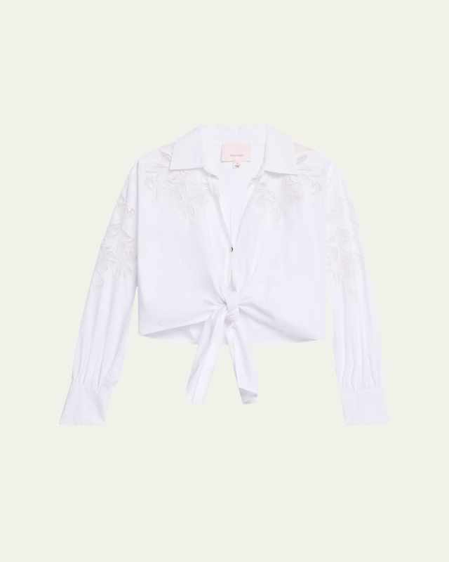Marianna Cutout Embroidery Collared Tie-Front Top