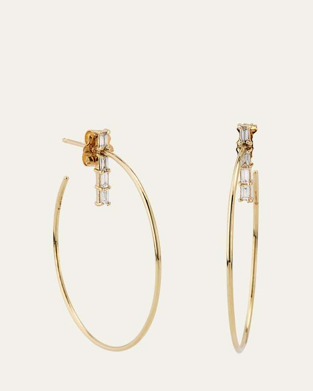 14K Yellow Gold Baguette Diamond Bar Stud Hoop Earrings