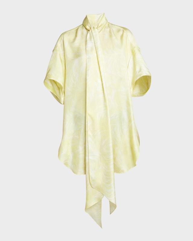 Feather Print Scarf-Neck Short Silk Tunic Dress