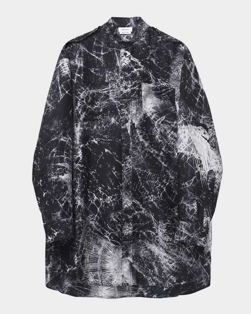 Smashed Screen Print Button Down Shirting Mini Dress