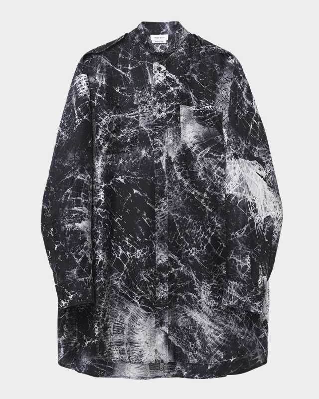 Smashed Screen Print Button Down Shirting Mini Dress