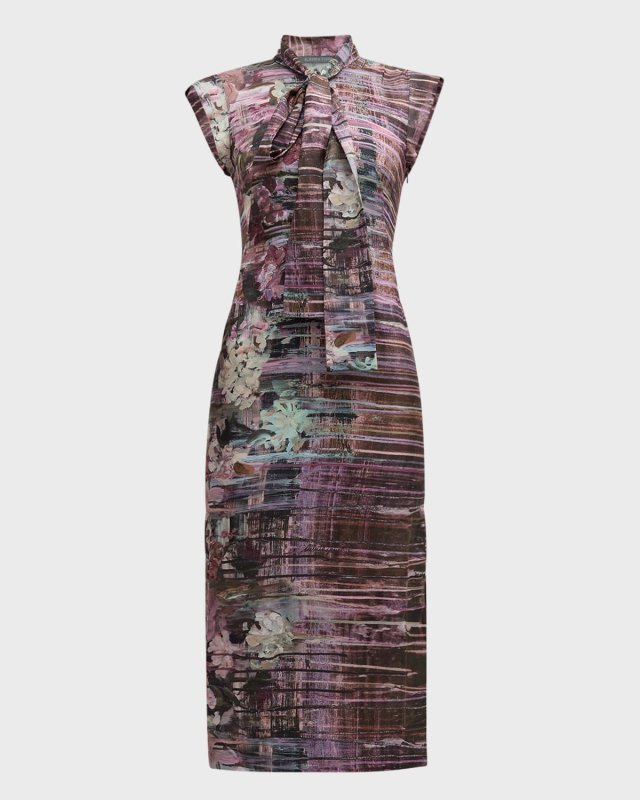 Printed Habotai Silk Sleeveless Midi Dress