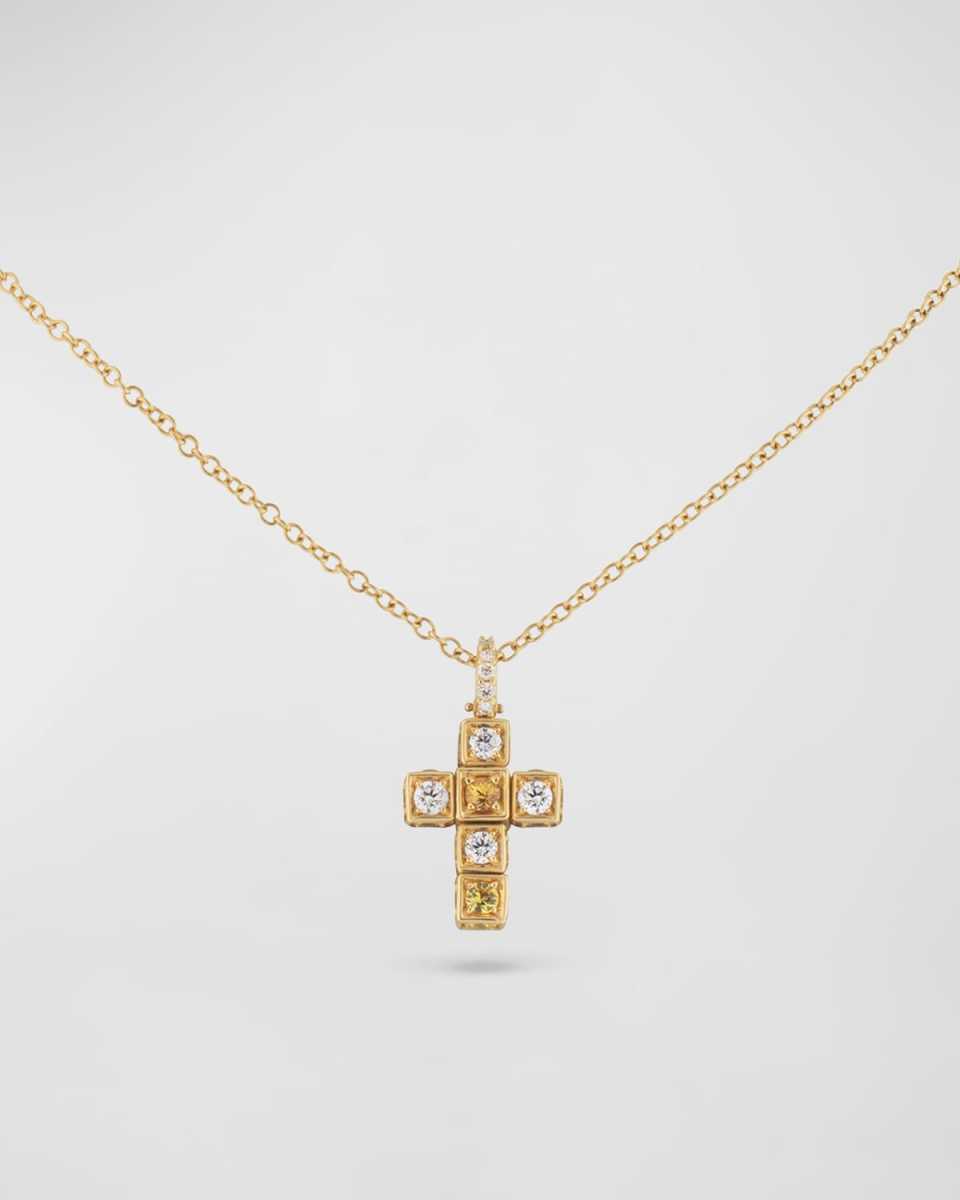18K Yellow Gold Faro Cross Adjustable Necklace with Diamond and Yellow Sapphire Cubes