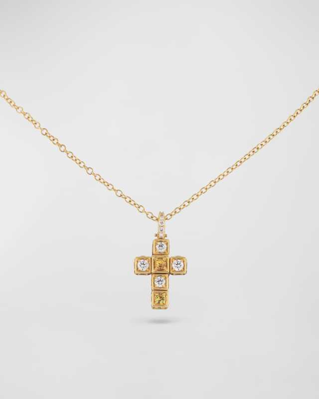 18K Yellow Gold Faro Cross Adjustable Necklace with Diamond and Yellow Sapphire Cubes
