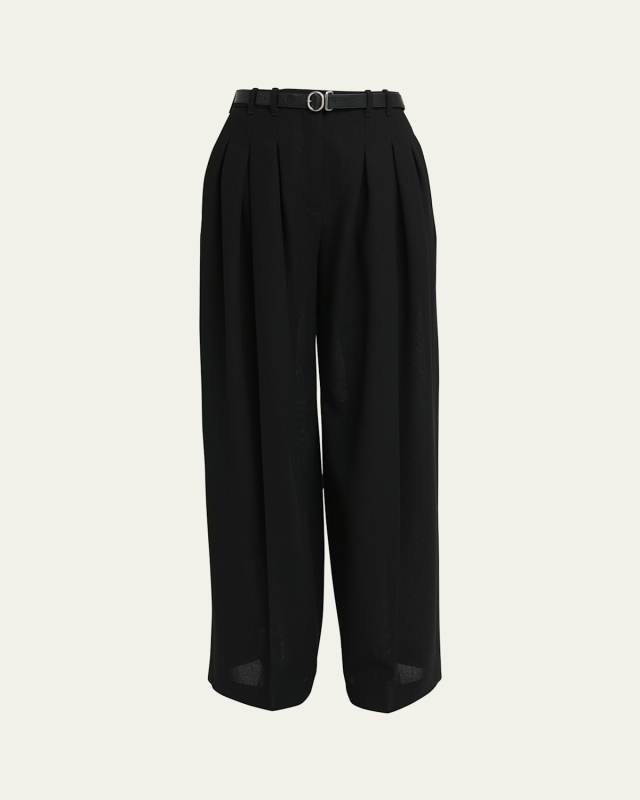 Pintuck Wide Leg Wool Trousers