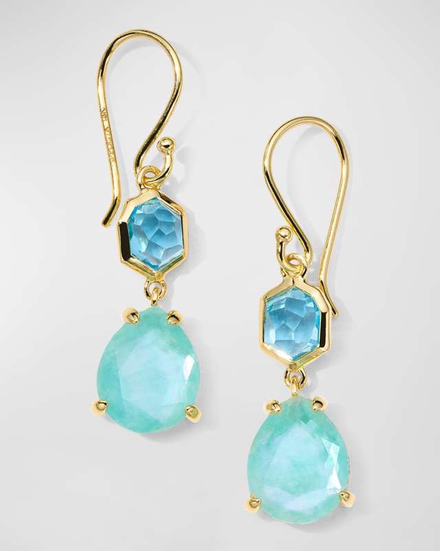 18K Rock Candy Small Snowman Earrings in Swiss Blue Topaz and Rock Crystal/Mother of Pearl/Amazonite Triplet