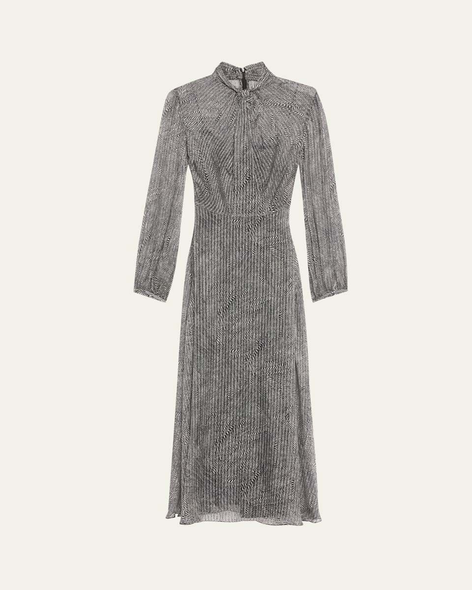 Drape Neck Printed Silk Jacquard Dress