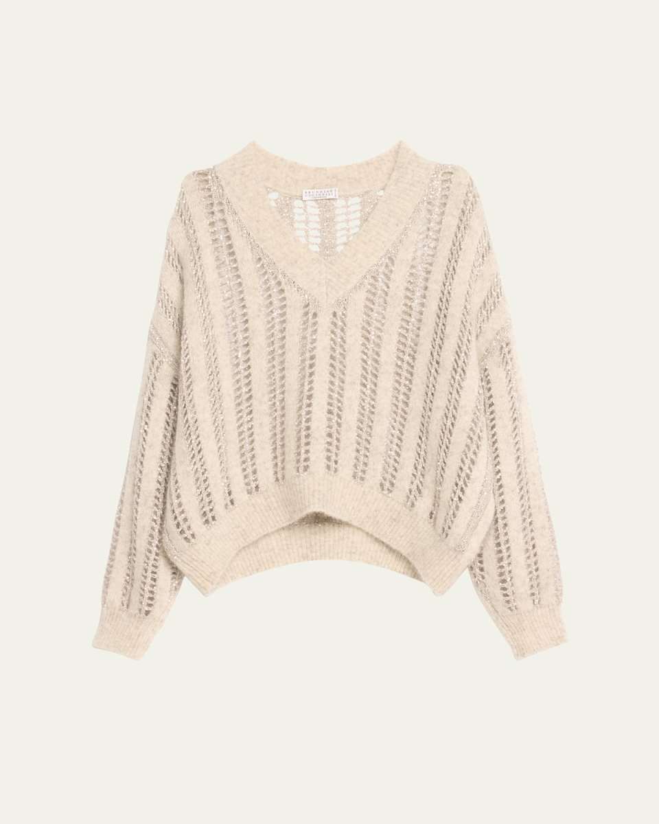 Mohair Wool Lattice Knit Sweater with Paillette Detail