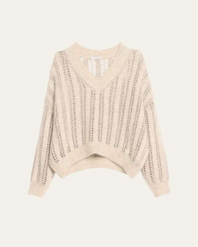 Mohair Wool Lattice Knit Sweater with Paillette Detail