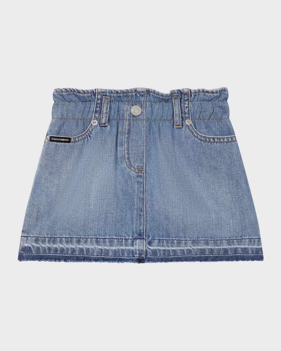 Girl's Logo-Plaque Paperbag Denim Skirt, Size 8-14