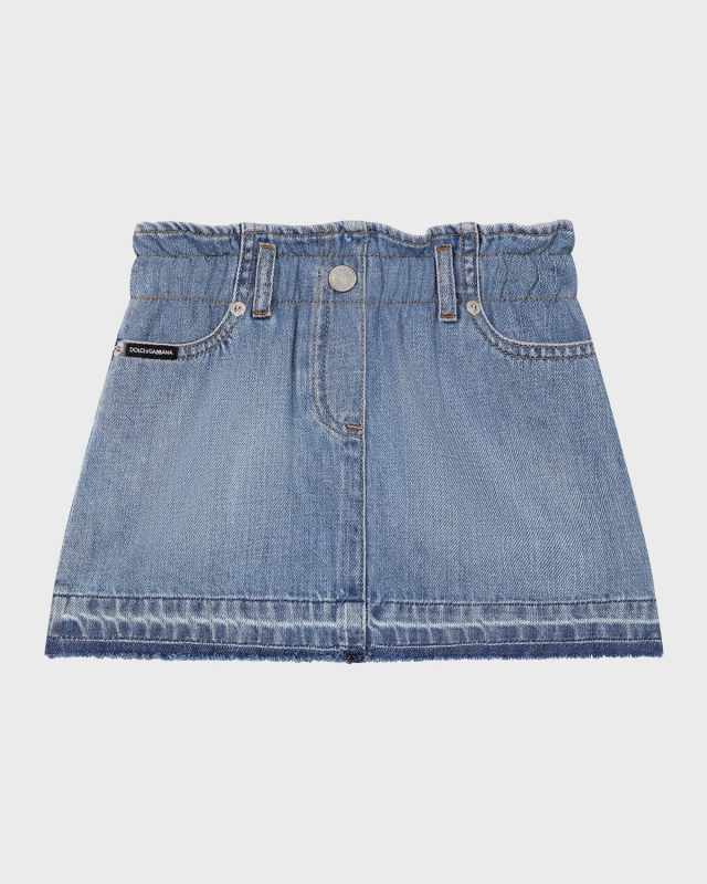 Girl's Logo-Plaque Paperbag Denim Skirt, Size 8-14