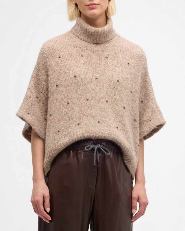 Studded Short-Sleeve Alpaca Wool Mock-Neck Sweater