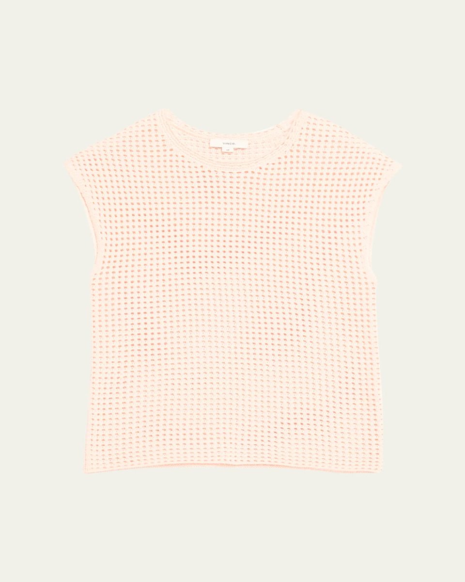 Stitched Mesh Cap-Sleeve Crewneck Top