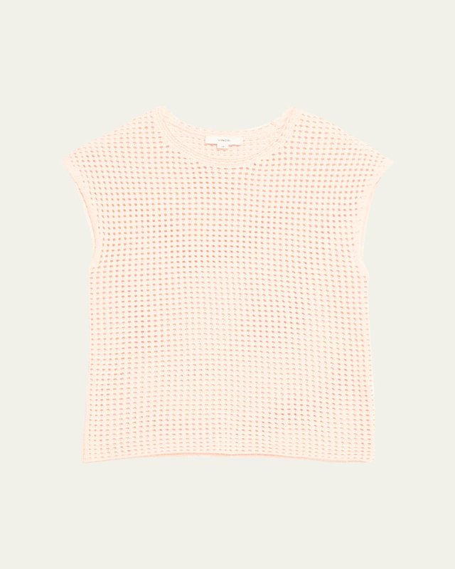 Stitched Mesh Cap-Sleeve Crewneck Top