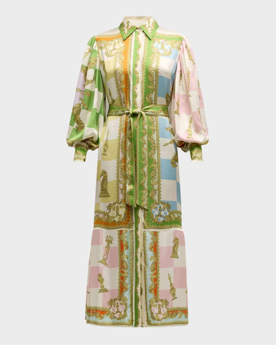 Checkmate Silk Balloon-Sleeve Midi Shirtdress