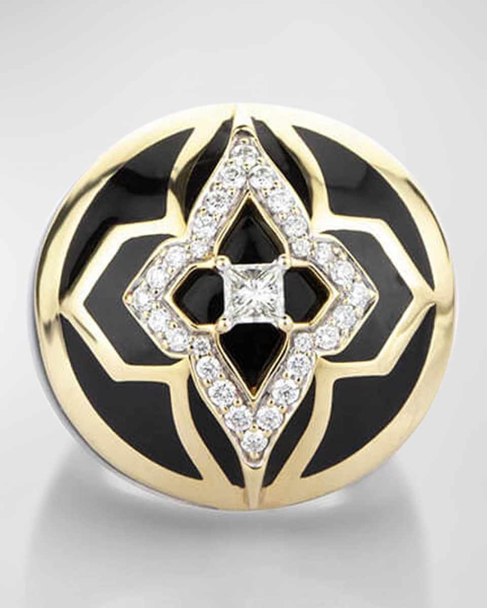 18K Yellow Gold Piano Black New York Globetrotter Ring, Size 7