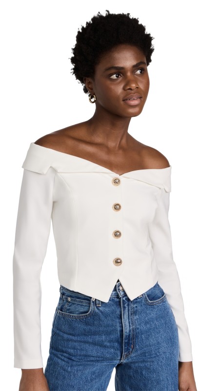 endless rose Stretched Off Shoulder Blazer Top Ivory