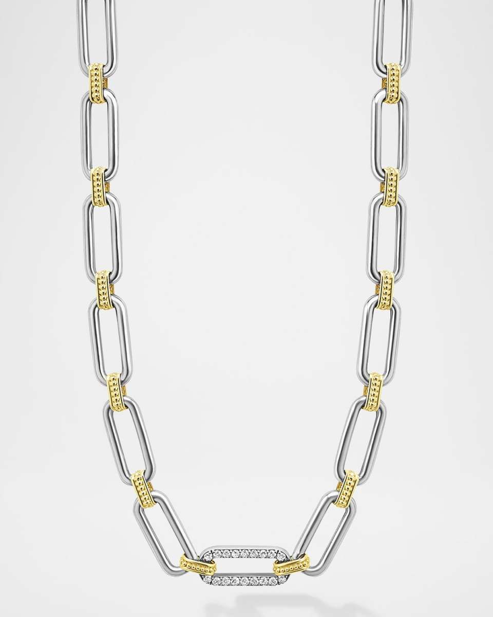 Signature Caviar Two-Tone Link Necklace with Diamonds, 18"L