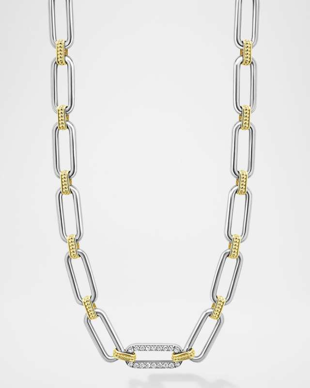 Signature Caviar Two-Tone Link Necklace with Diamonds, 18"L