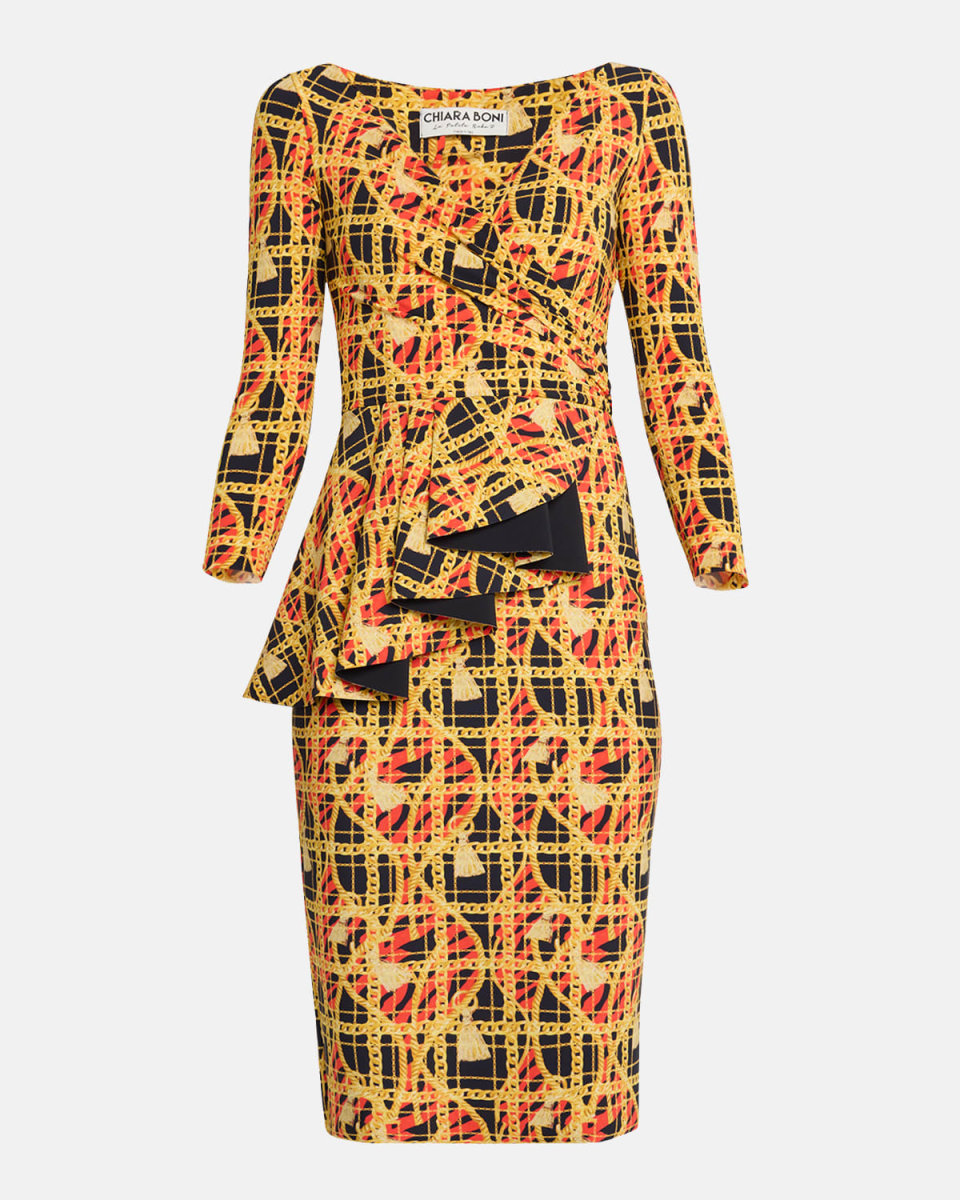 Chain-Print Ruffle Bodycon Dress