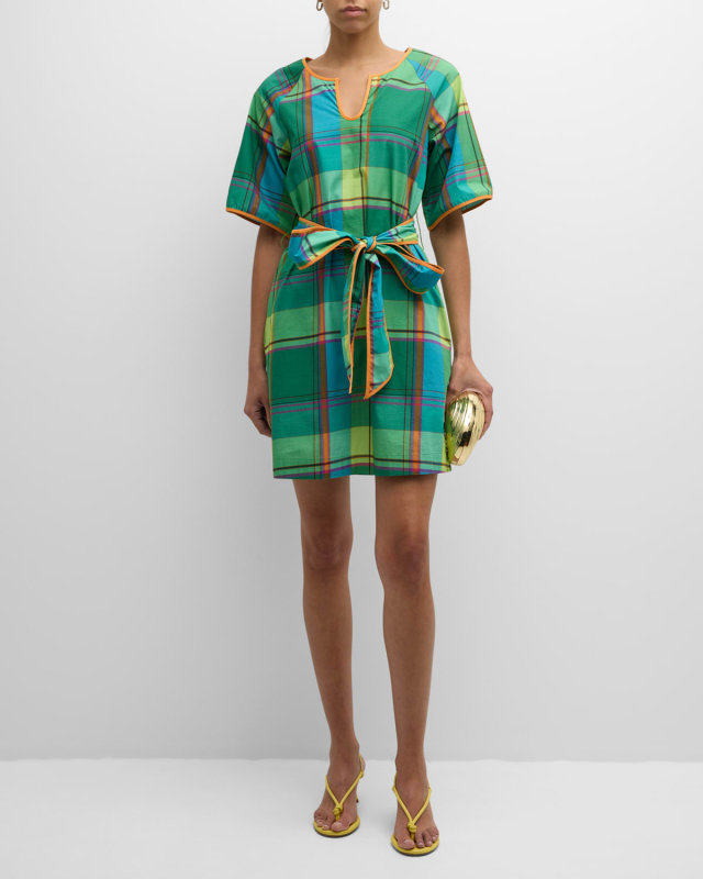 Doris Plaid Raglan-Sleeve Cotton Mini Dress