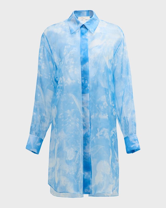 Oversized Floral-Print Organza Tunic Blouse