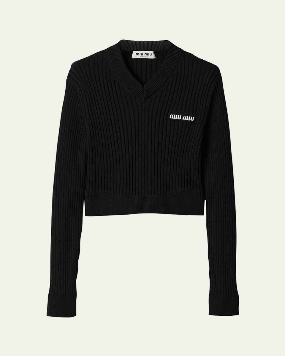 V-Neck Ribbed Wool Cropped Sweater